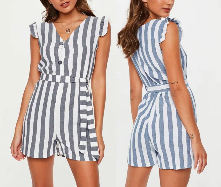 Summer V-neck Single-breasted Striped Jumpsuit