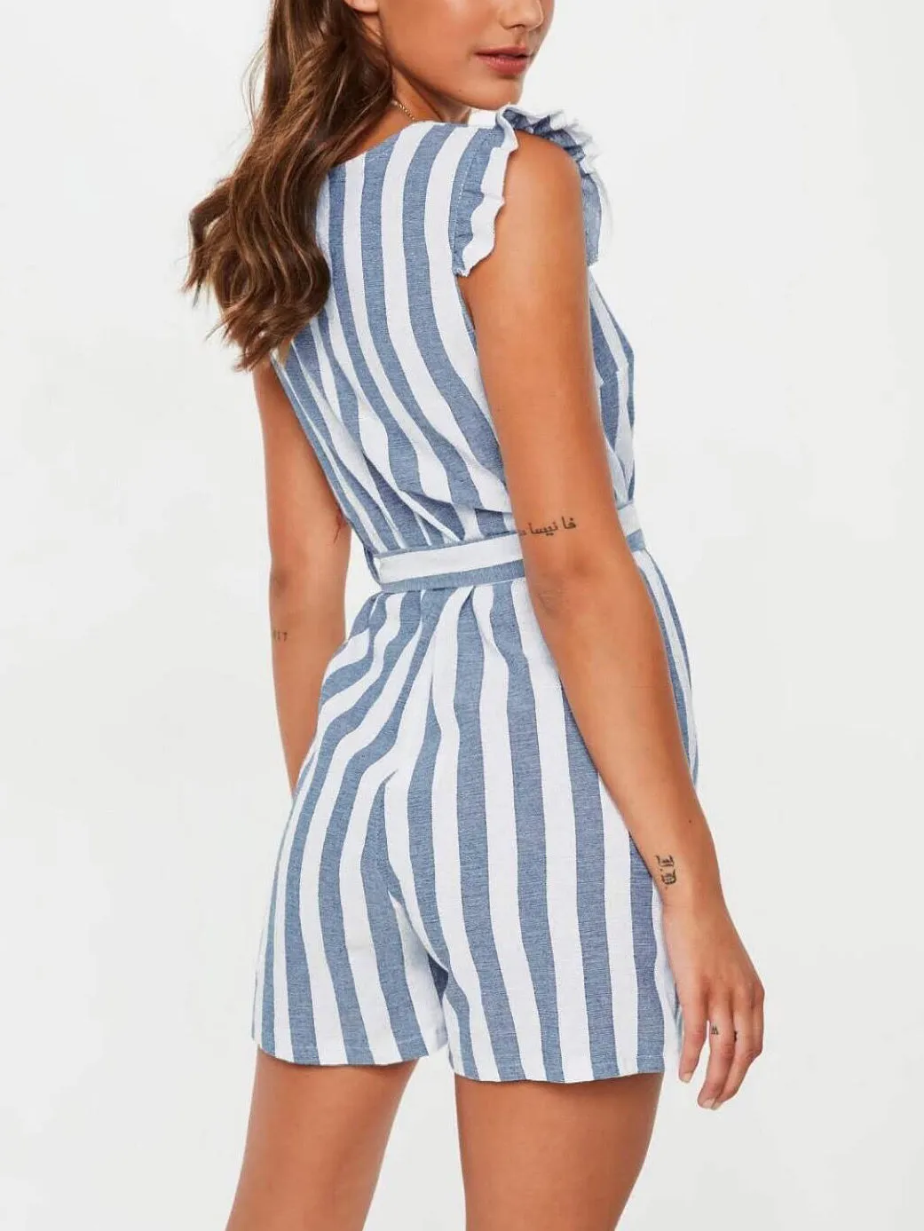Summer V-neck Single-breasted Striped Jumpsuit