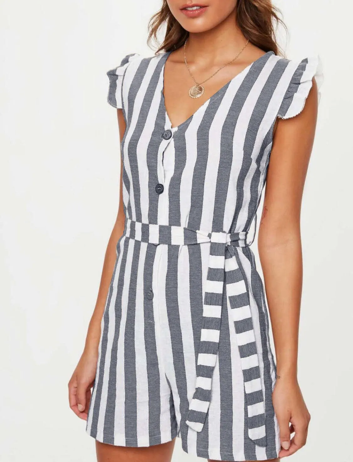 Summer V-neck Single-breasted Striped Jumpsuit