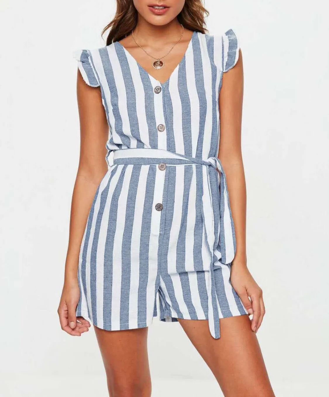 Summer V-neck Single-breasted Striped Jumpsuit