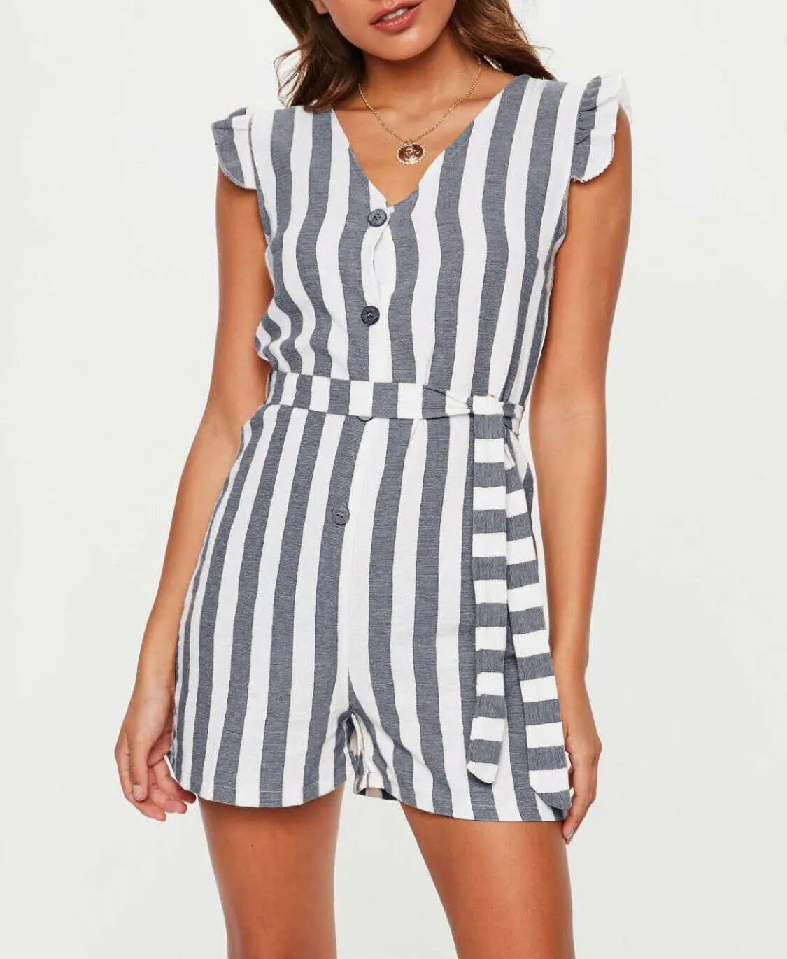 Summer V-neck Single-breasted Striped Jumpsuit