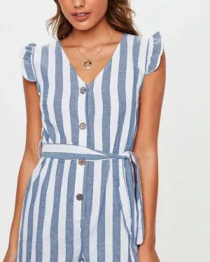 Summer V-neck Single-breasted Striped Jumpsuit