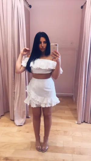 Swiss Dot Flounce Macrame Applique Off the Shoulder Crop Top