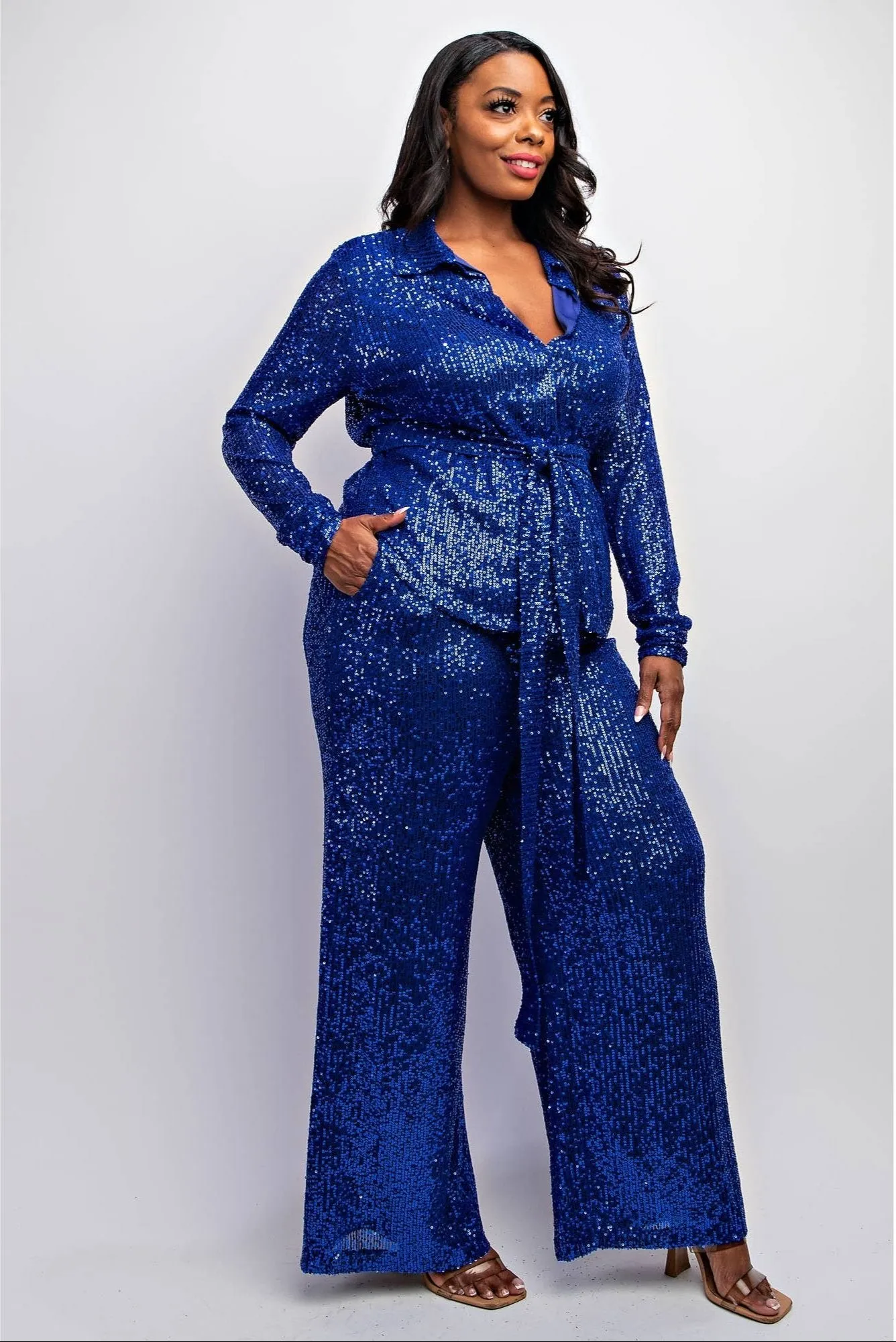SYLVIA LUXURY PLUS SIZE SEQUIN SHIRT AND WIDE-LEG PANTS SET OUTFIT