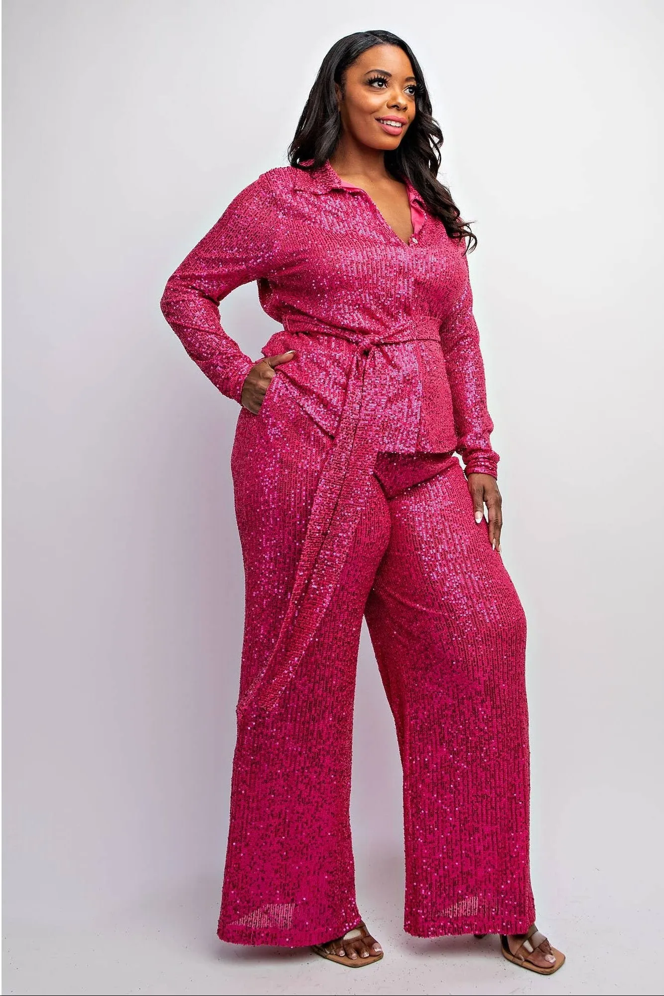 SYLVIA LUXURY PLUS SIZE SEQUIN SHIRT AND WIDE-LEG PANTS SET OUTFIT