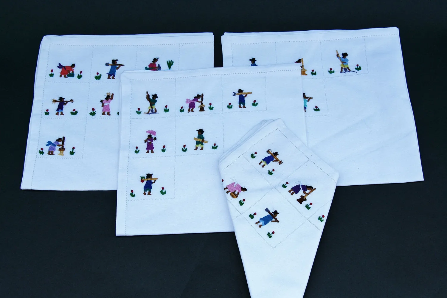 Table Napkins White Petite Embroidery African People Set of 4 - Madagascar