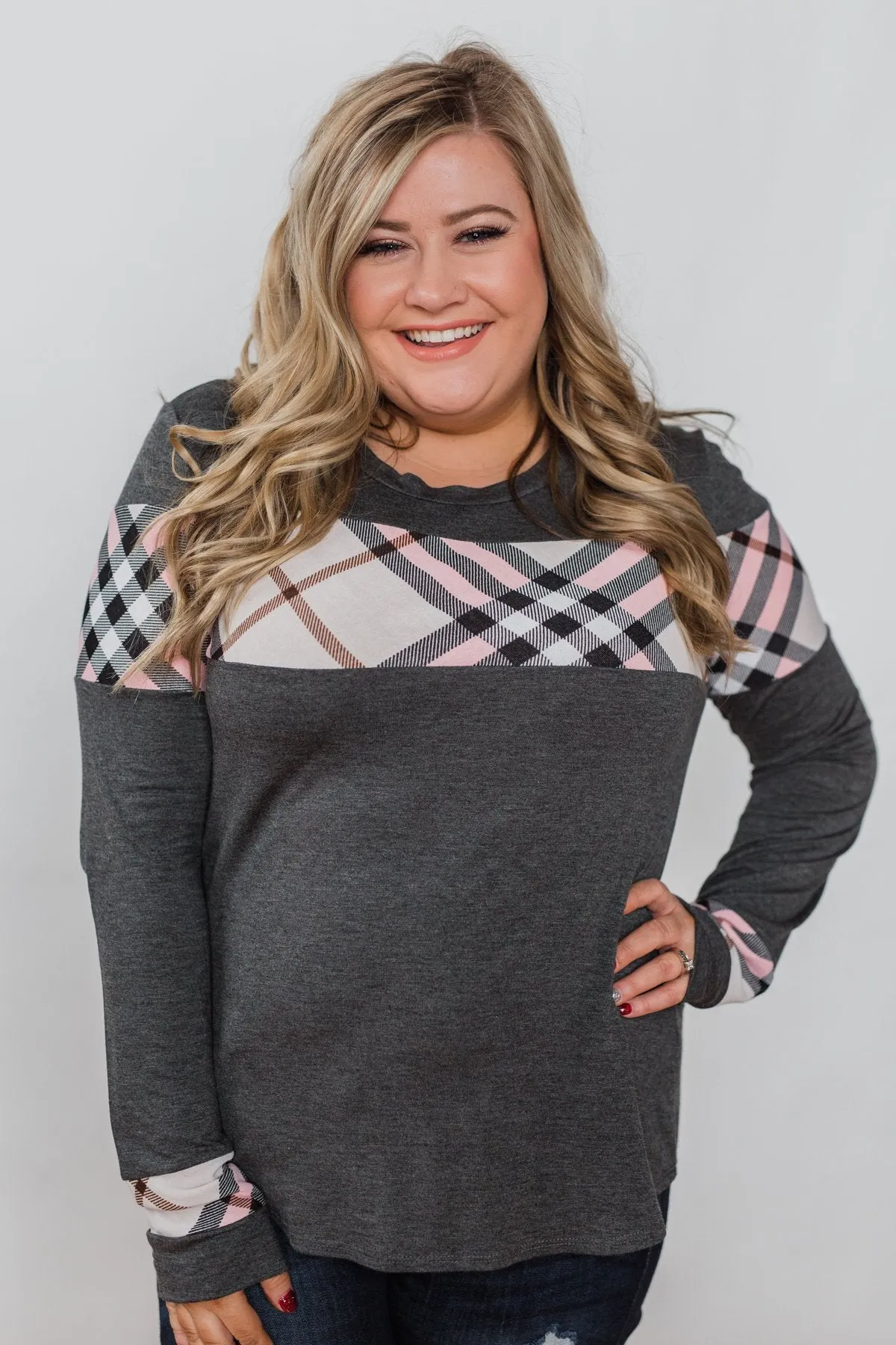 Talk About Cute Plaid Top- Charcoal