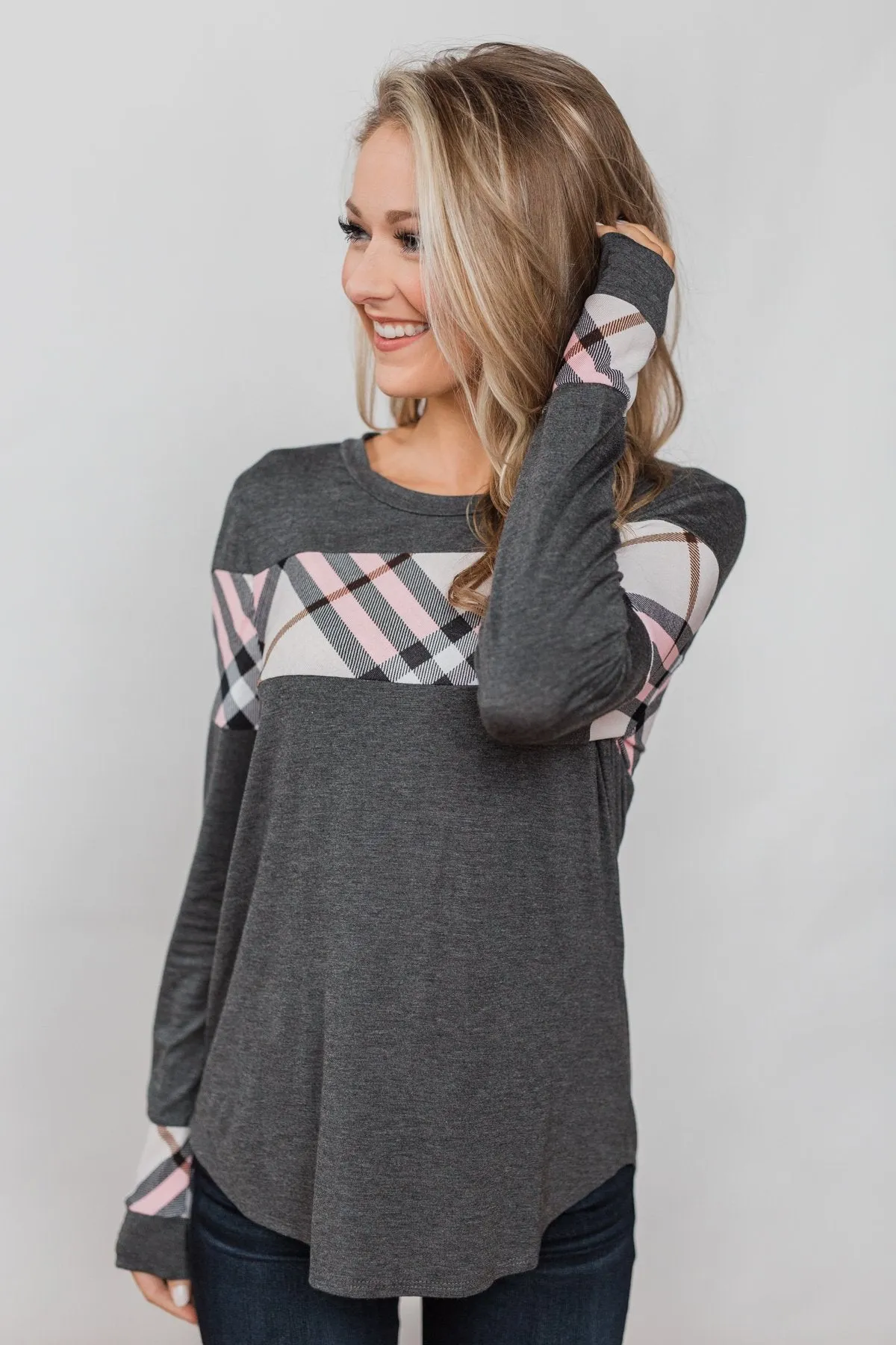 Talk About Cute Plaid Top- Charcoal