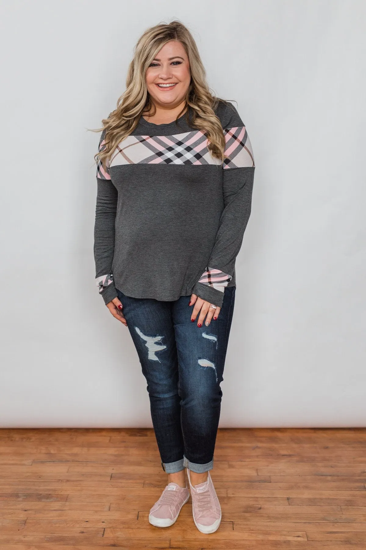 Talk About Cute Plaid Top- Charcoal