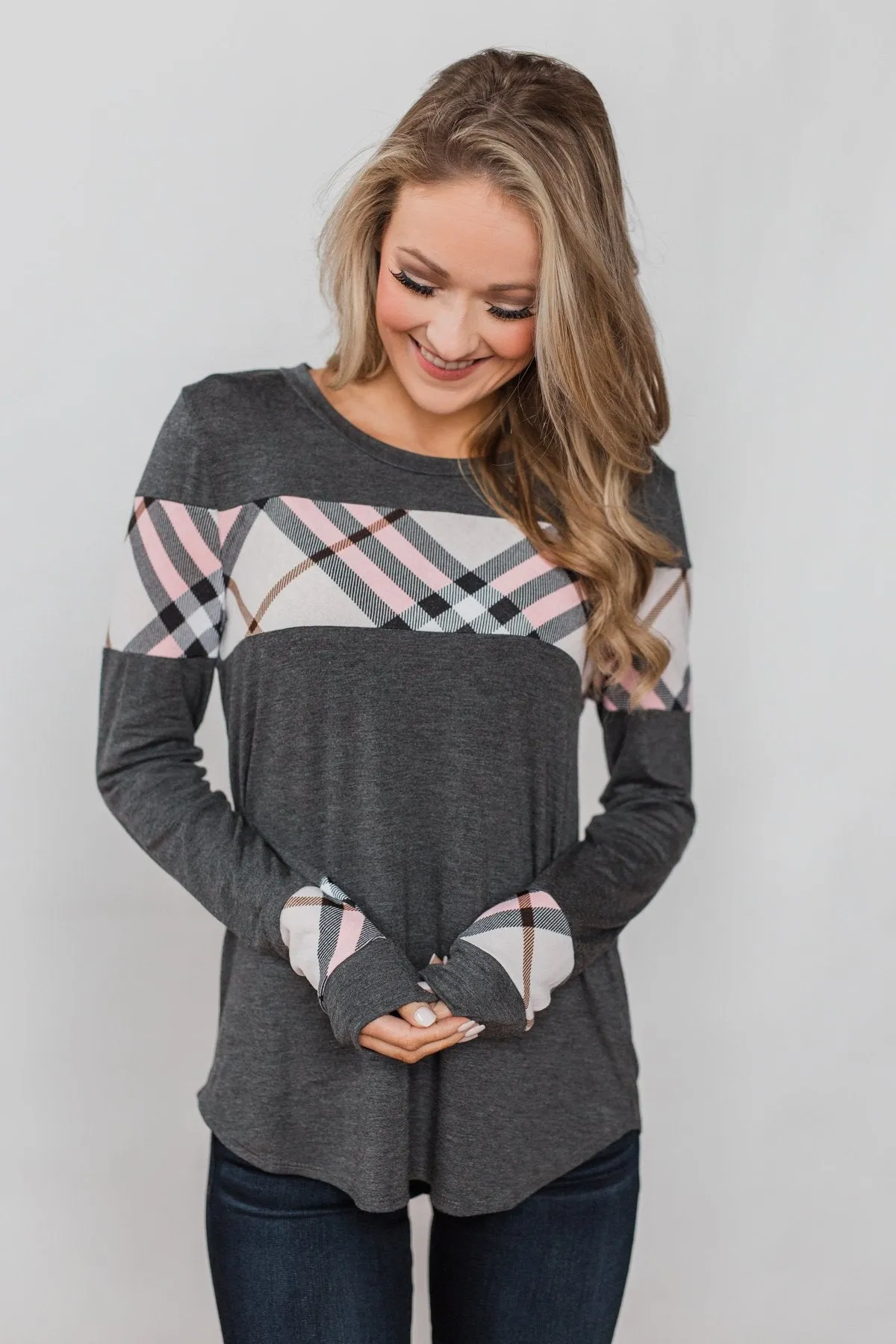 Talk About Cute Plaid Top- Charcoal