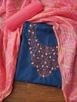 Teal Zari Embroidered Pure Cotton Dress Material with Dupatta