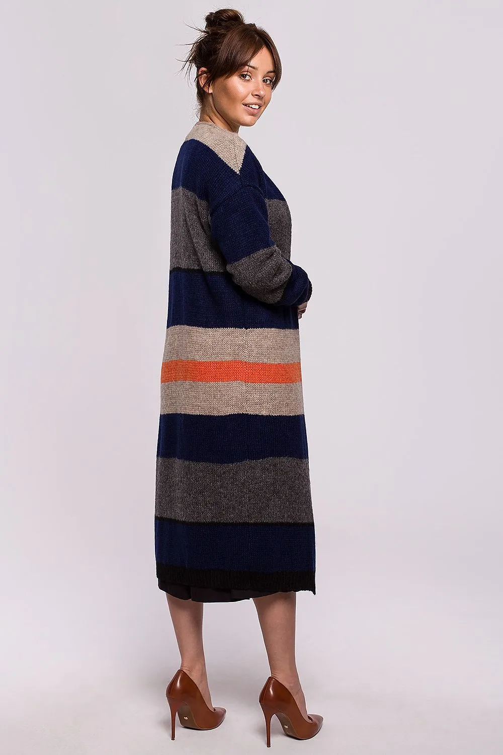 Textured Striped Long-Line Cardigan