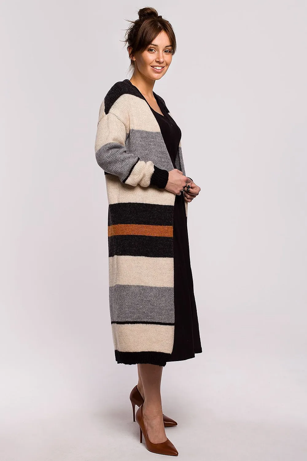 Textured Striped Long-Line Cardigan