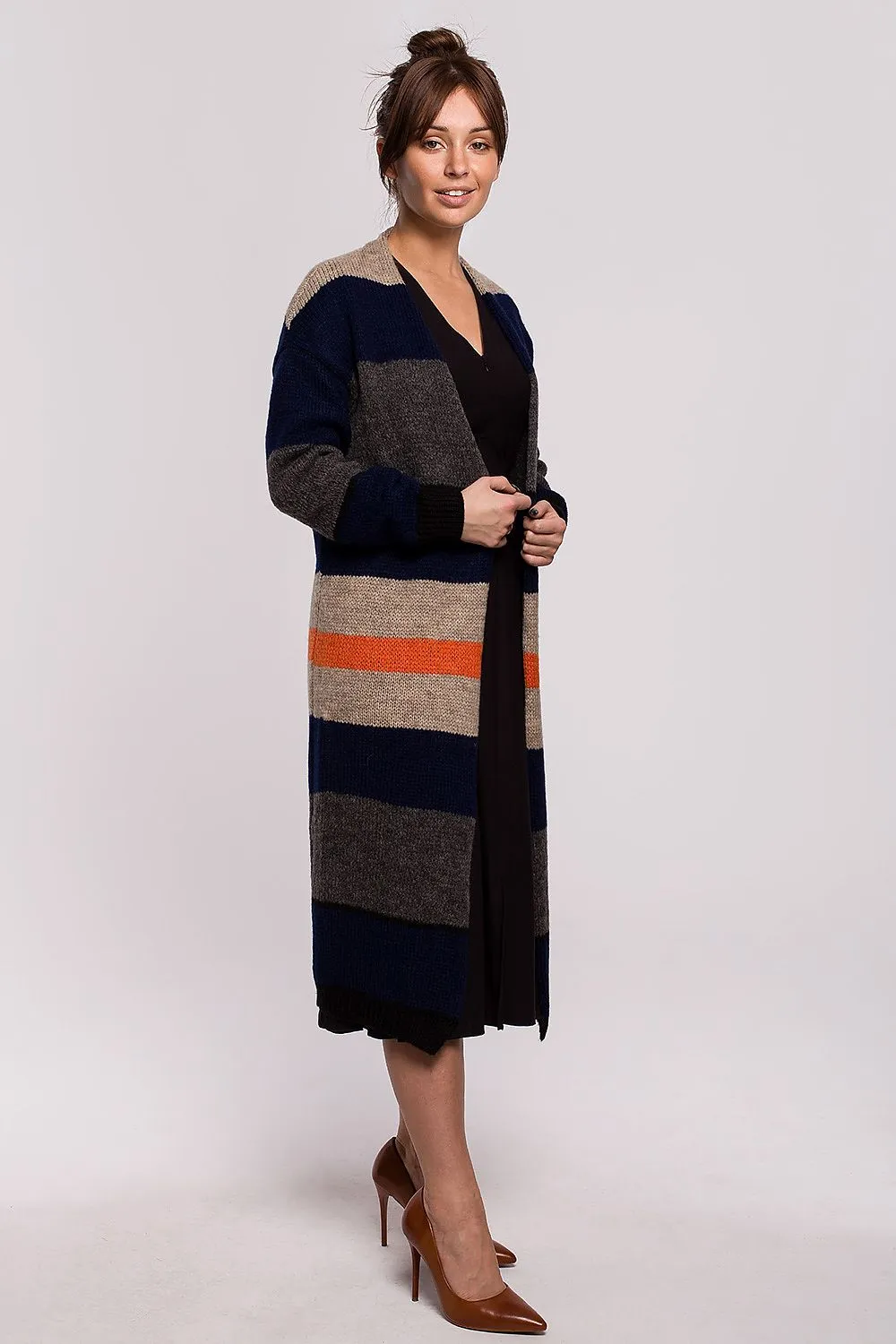 Textured Striped Long-Line Cardigan