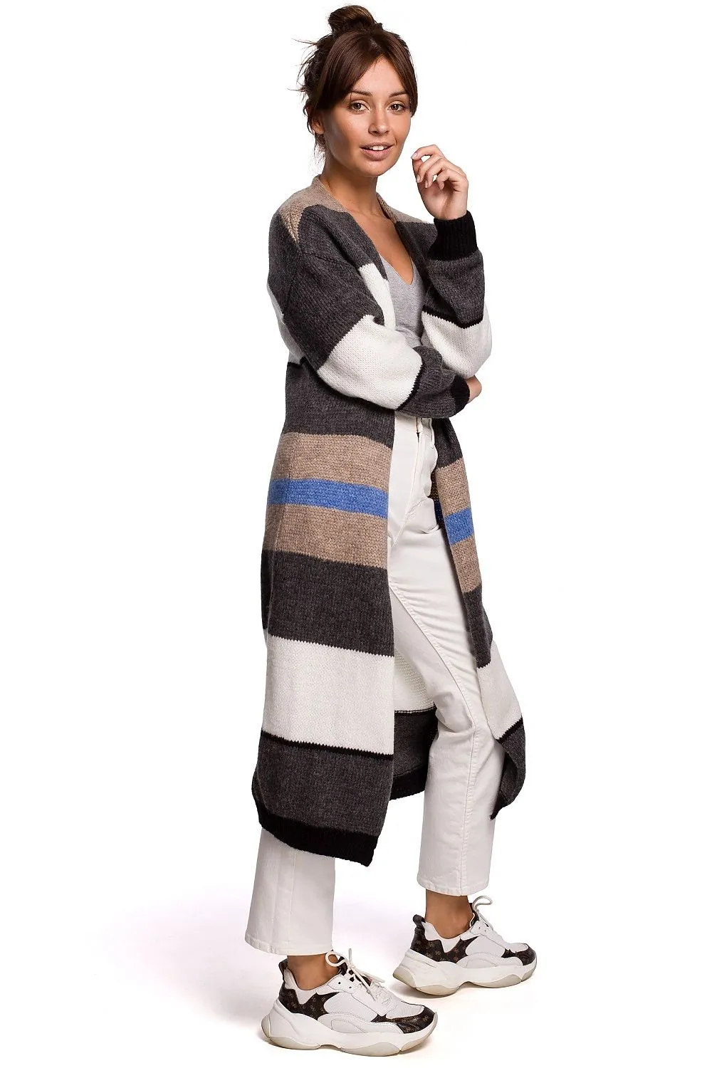 Textured Striped Long-Line Cardigan