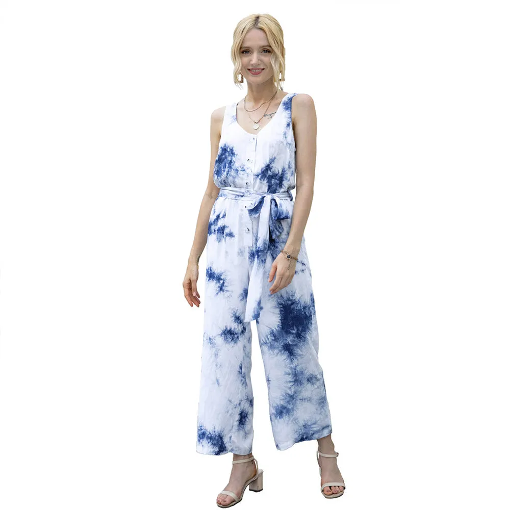 Tie Dye Single-breasted Drawstring Jumpsuit V-neck Printed Rompers