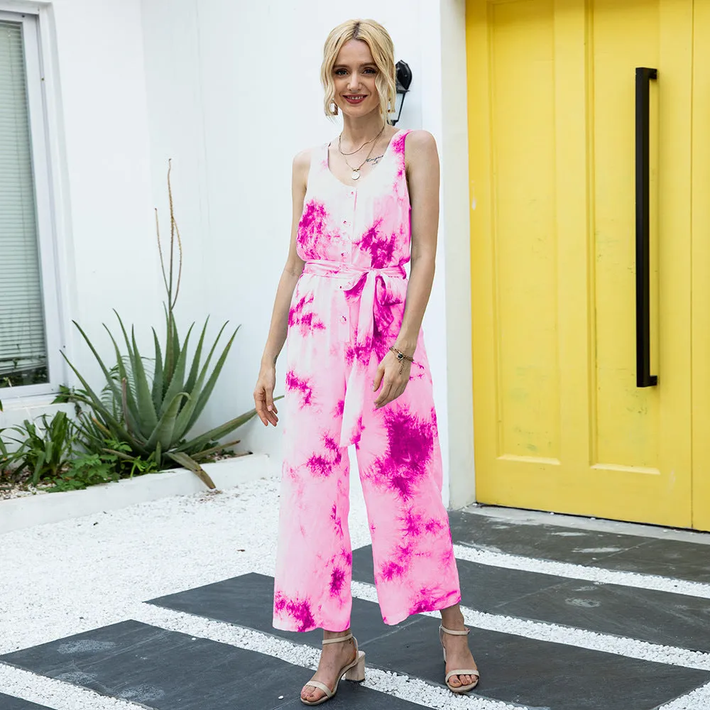 Tie Dye Single-breasted Drawstring Jumpsuit V-neck Printed Rompers