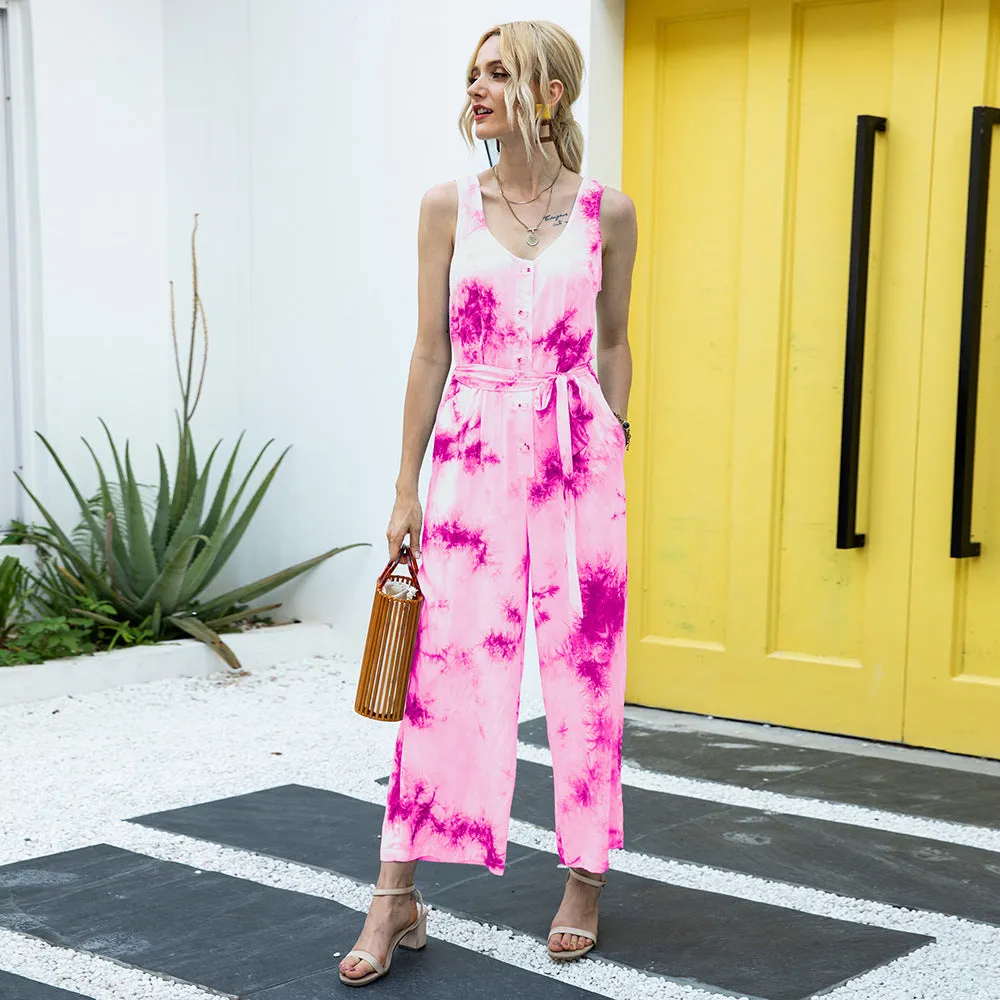 Tie Dye Single-breasted Drawstring Jumpsuit V-neck Printed Rompers
