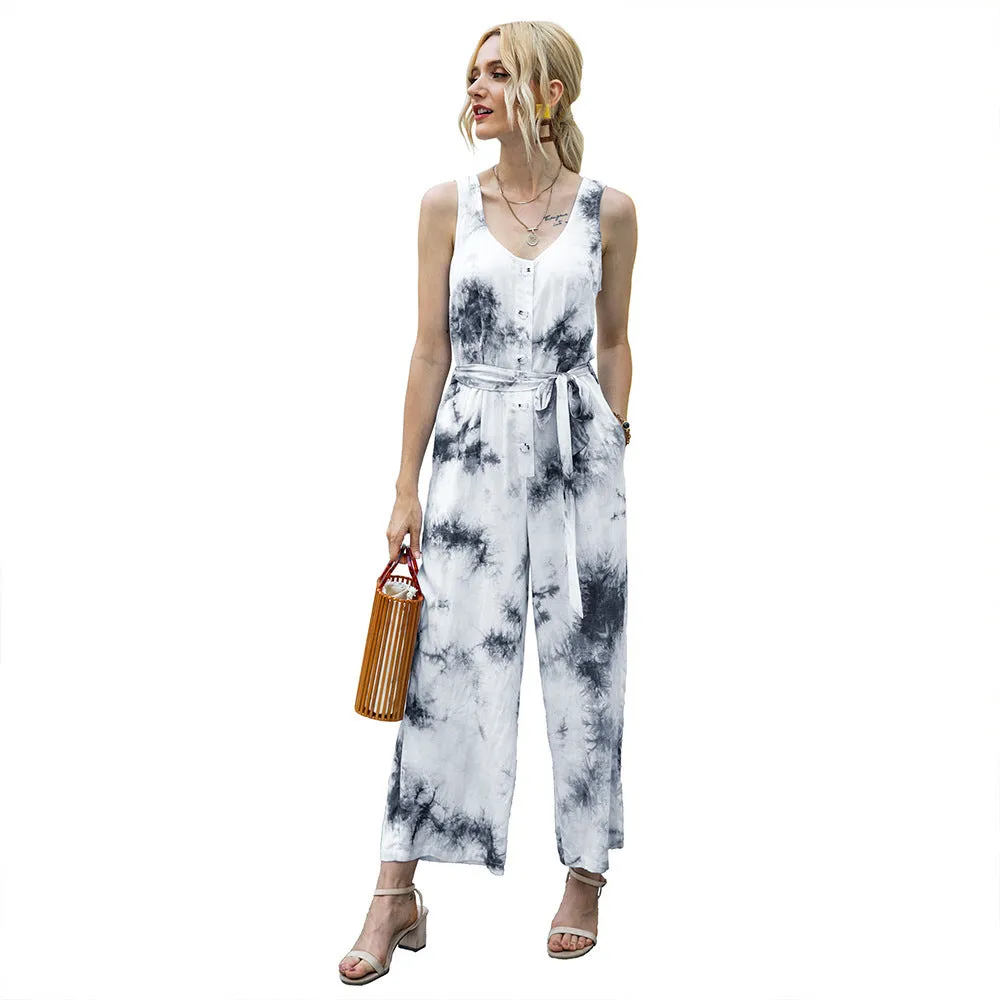 Tie Dye Single-breasted Drawstring Jumpsuit V-neck Printed Rompers
