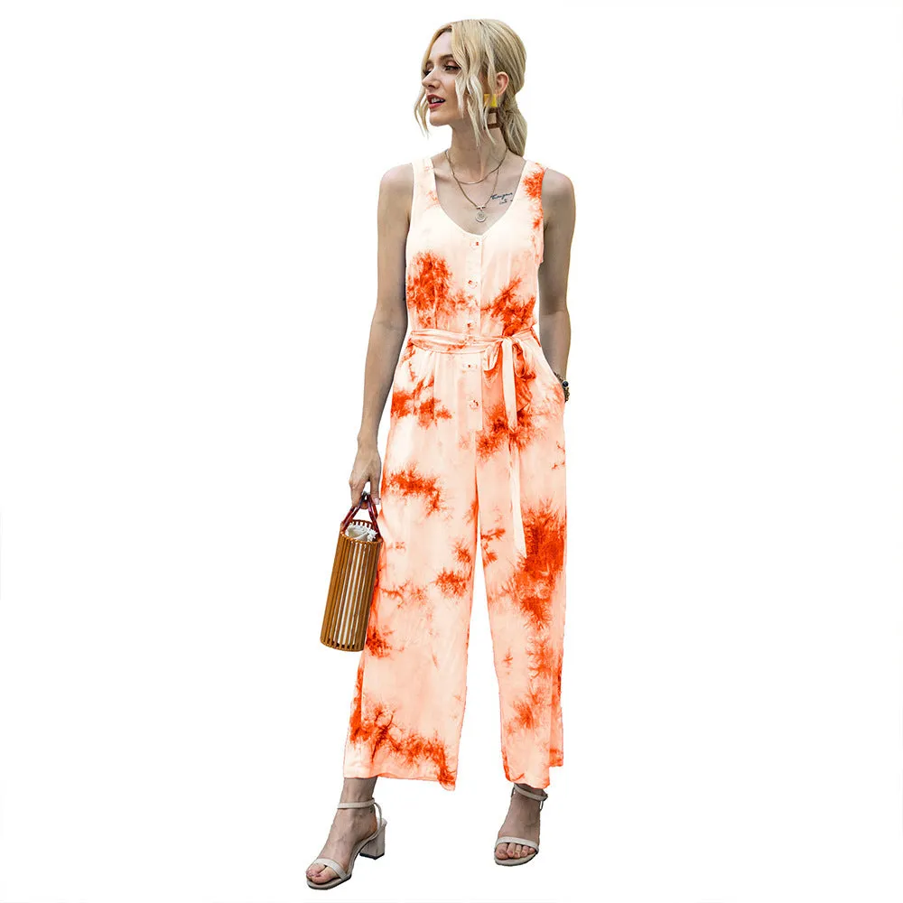 Tie Dye Single-breasted Drawstring Jumpsuit V-neck Printed Rompers