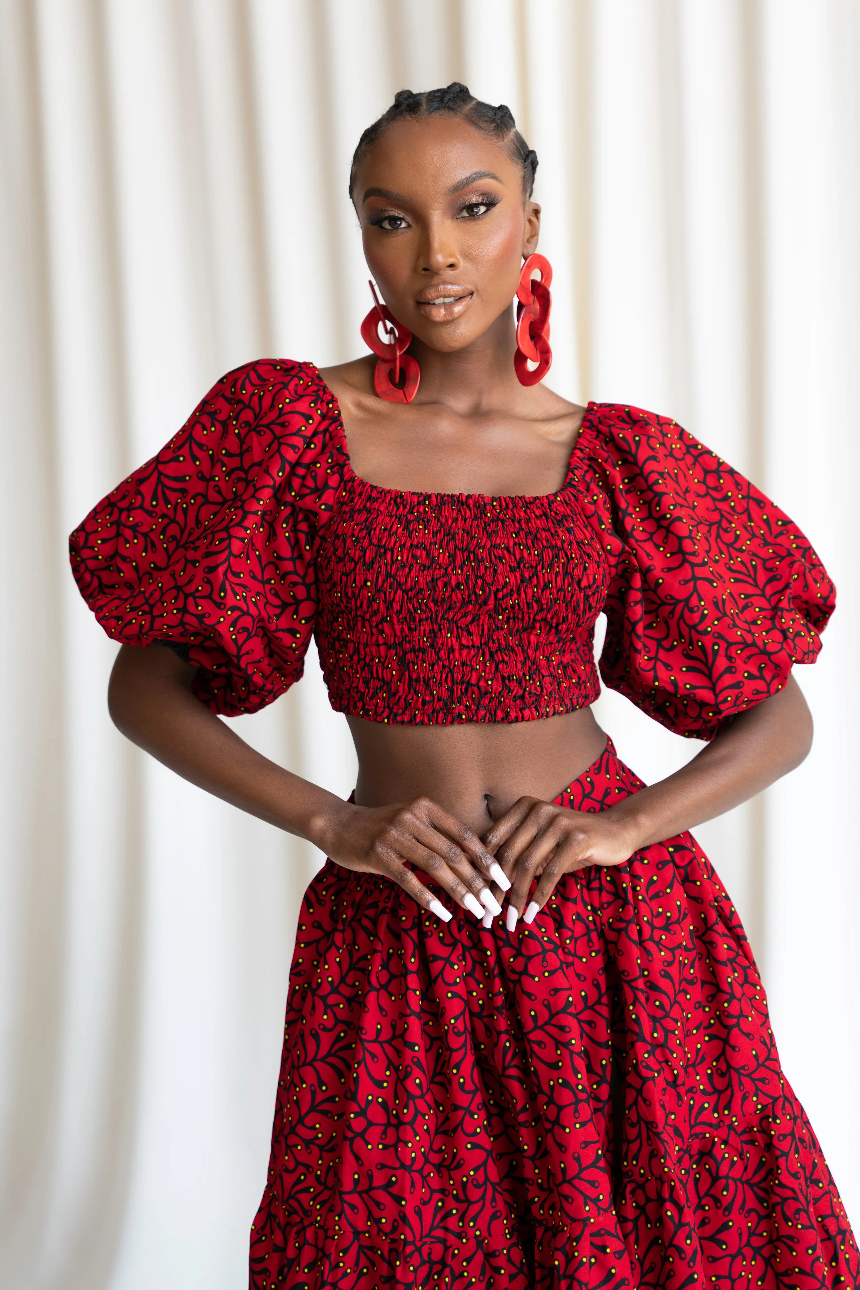 TOLA Smocked Puffy Sleeve African Print Crop Top