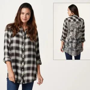 Tolani Collection Women's Button Front Tunic Top With Printed Back