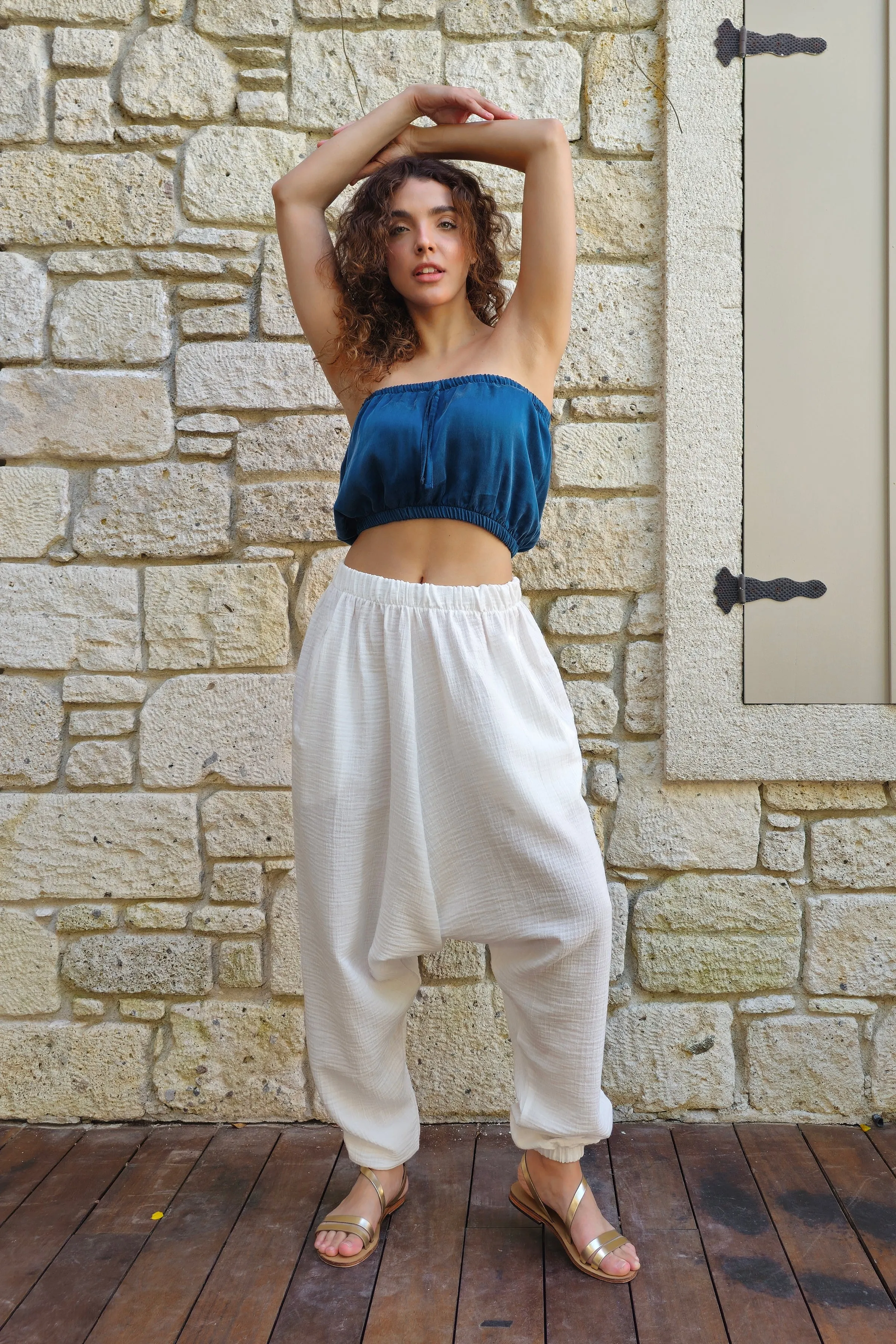 TRIBAL Women's Organic Gauze Cotton Harem Pants (White)