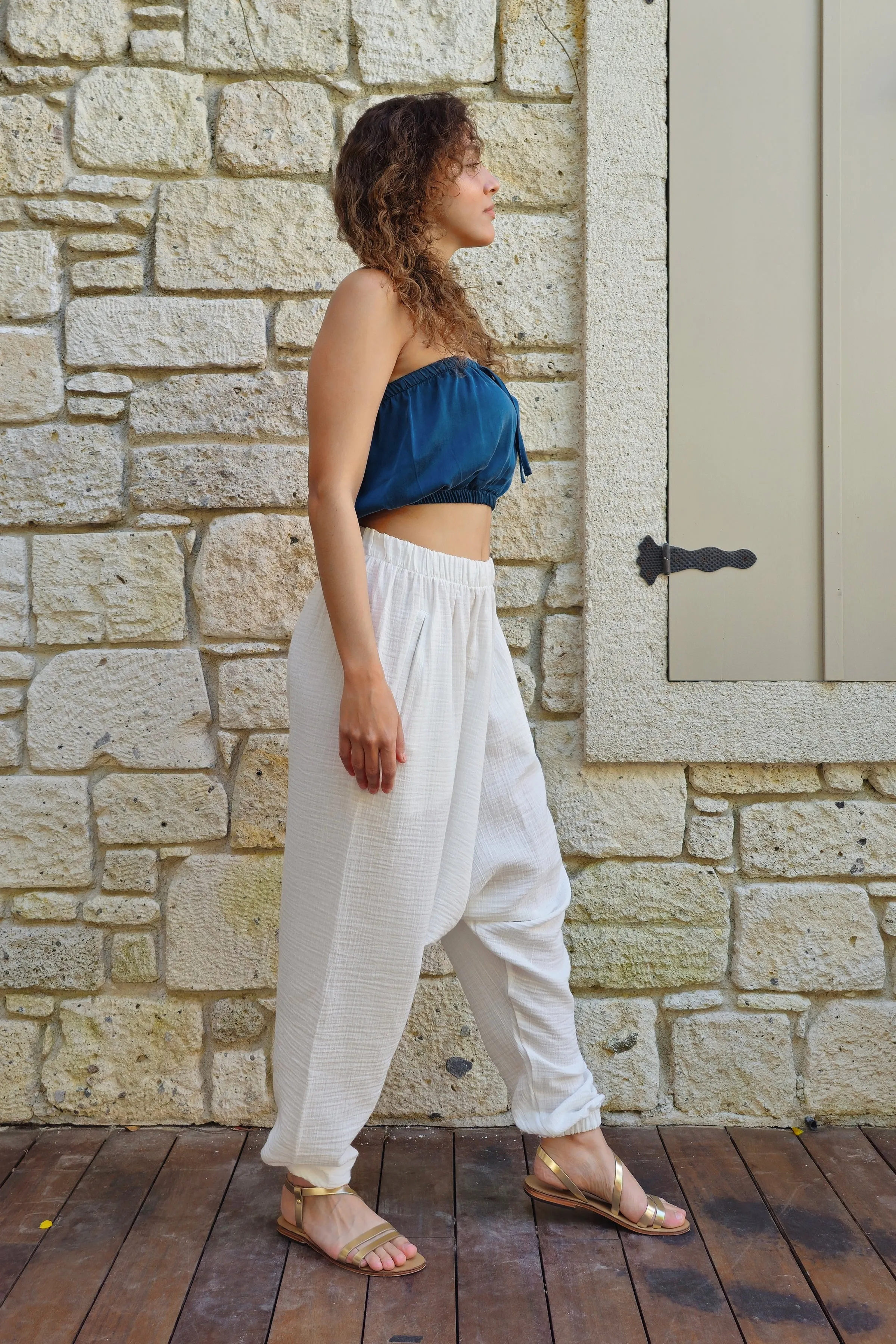 TRIBAL Women's Organic Gauze Cotton Harem Pants (White)
