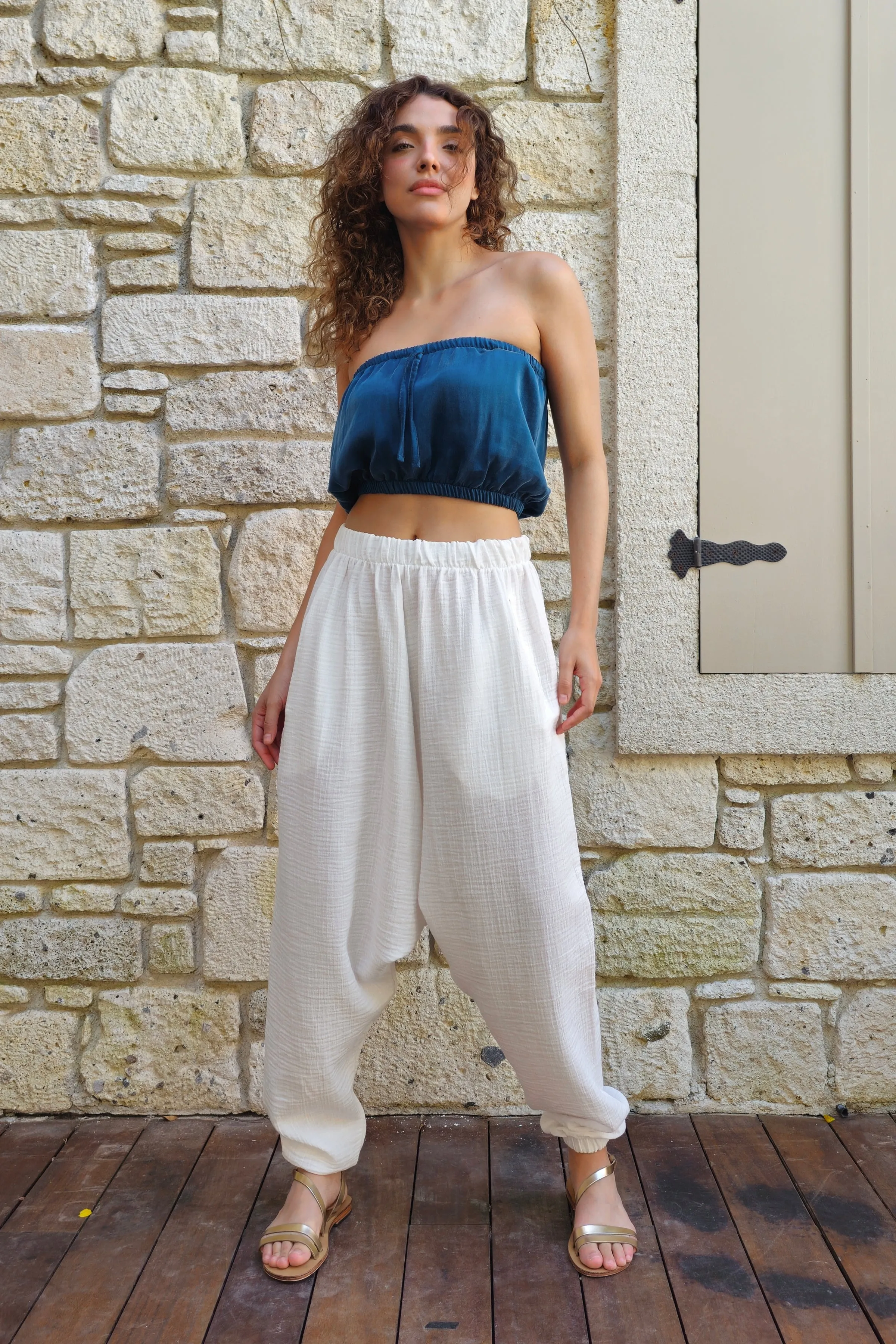 TRIBAL Women's Organic Gauze Cotton Harem Pants (White)