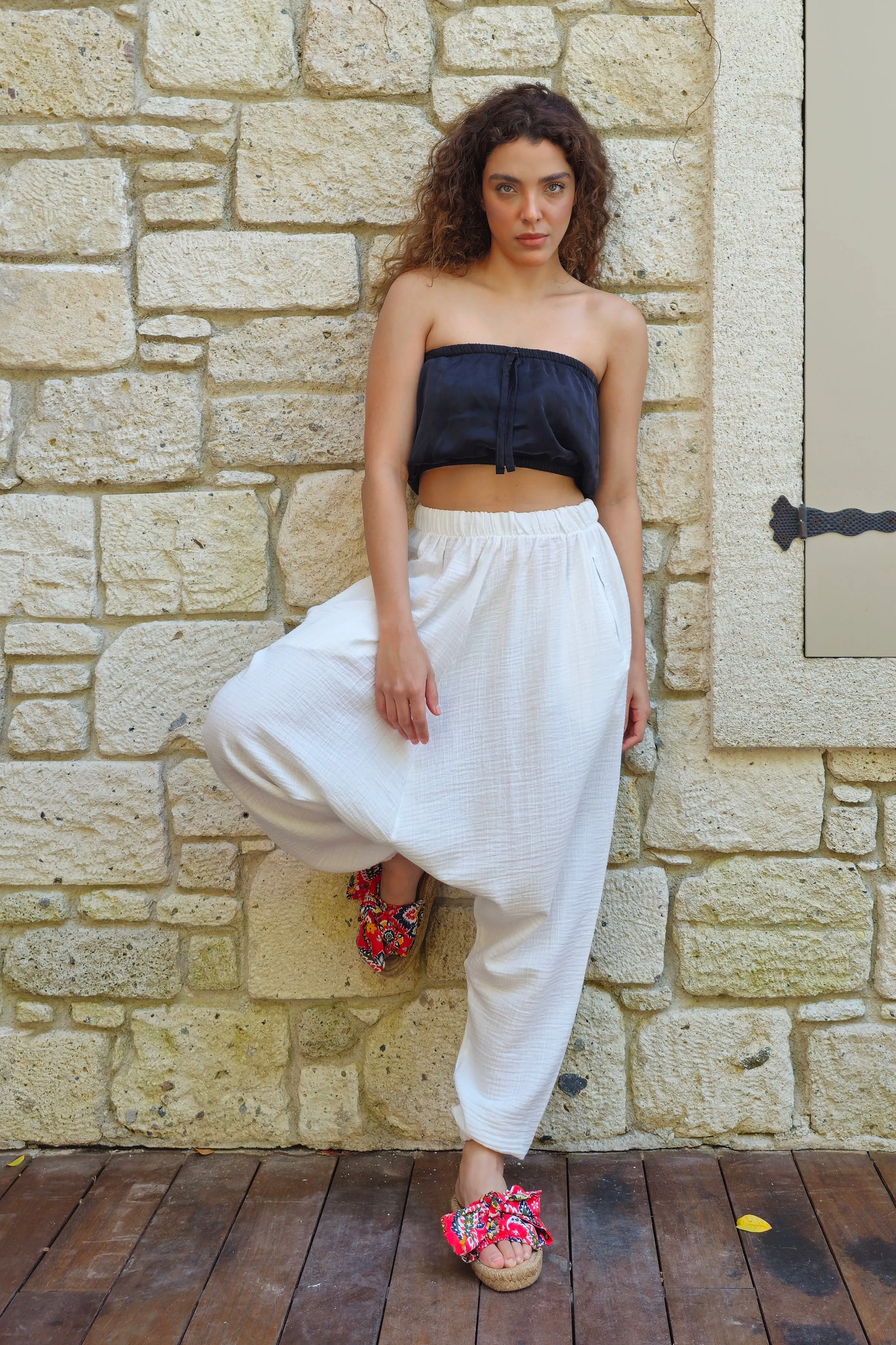 TRIBAL Women's Organic Gauze Cotton Harem Pants (White)