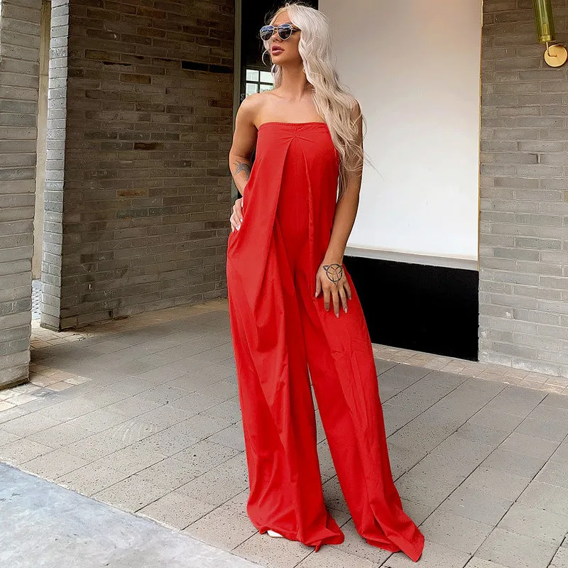 Tube Top Wide Leg Party Pocket Backless Zipper Jumpsuit Black