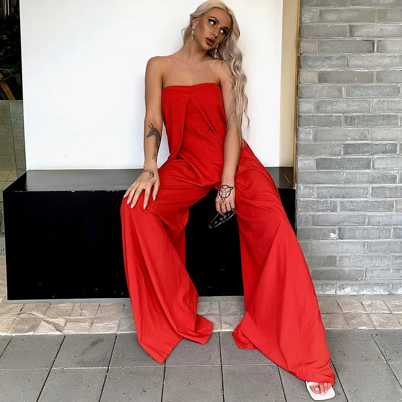 Tube Top Wide Leg Party Pocket Backless Zipper Jumpsuit Red