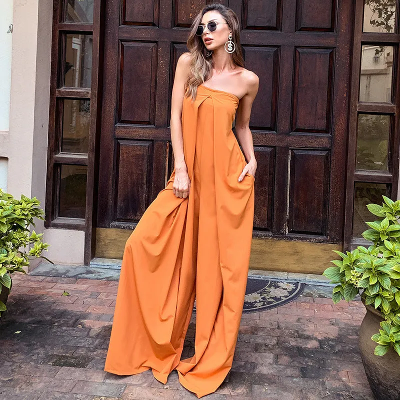 Tube Top Wide Leg Party Pocket Backless Zipper Jumpsuit Red