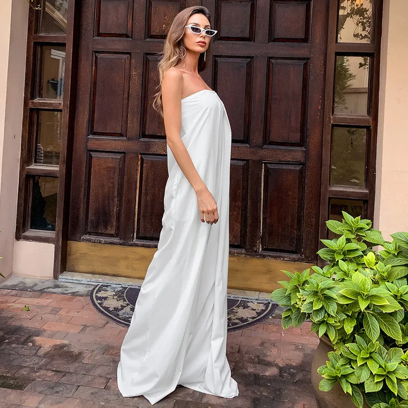 Tube Top Wide Leg Party Pocket Backless Zipper Jumpsuit Red
