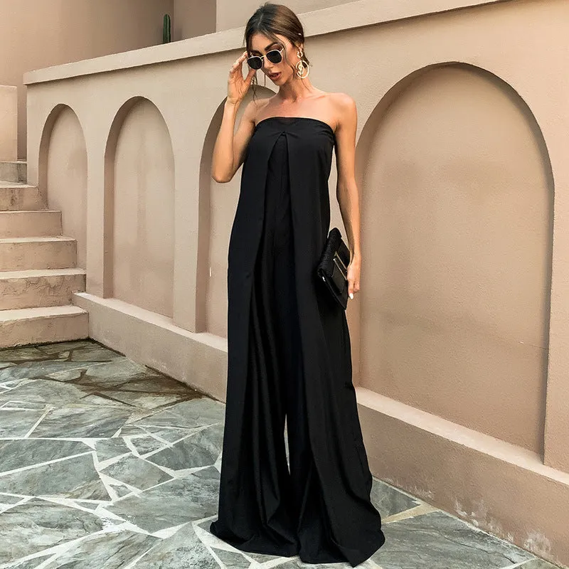 Tube Top Wide Leg Party Pocket Backless Zipper Jumpsuit Red