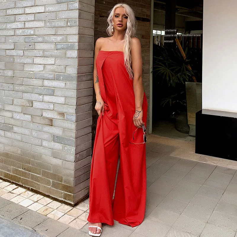 Tube Top Wide Leg Party Pocket Backless Zipper Jumpsuit Red