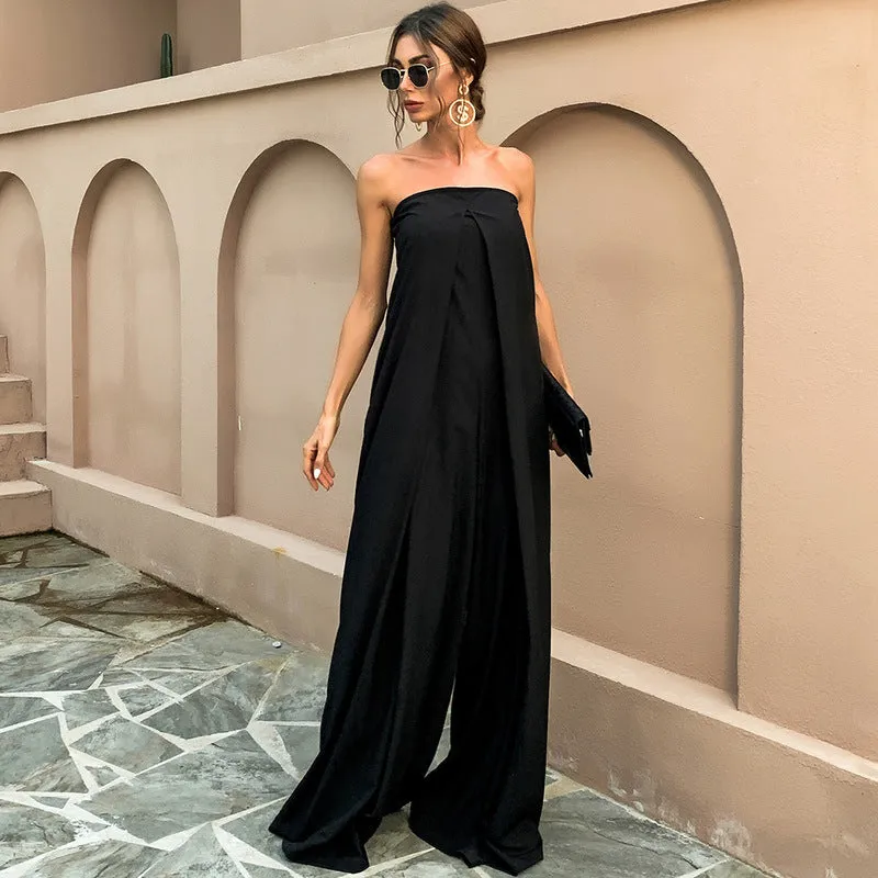Tube Top Wide Leg Party Pocket Backless Zipper Jumpsuit Red