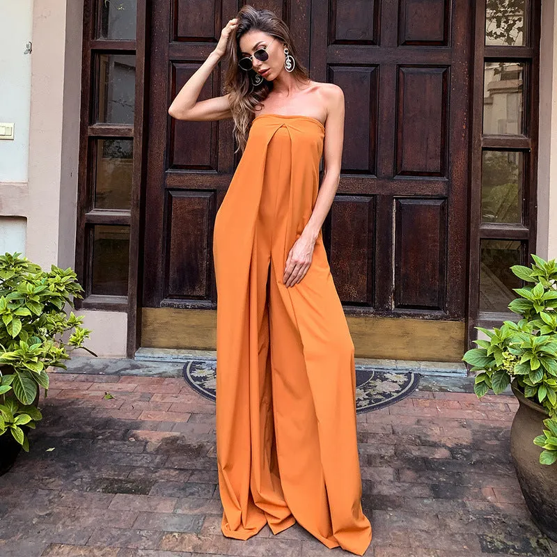 Tube Top Wide Leg Party Pocket Backless Zipper Jumpsuit Red