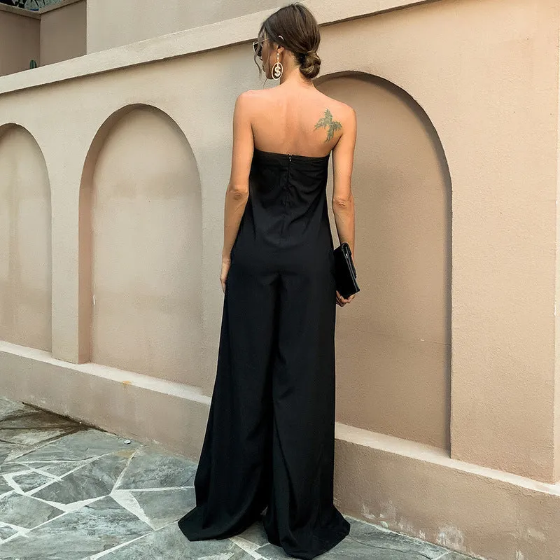 Tube Top Wide Leg Party Pocket Backless Zipper Jumpsuit Red