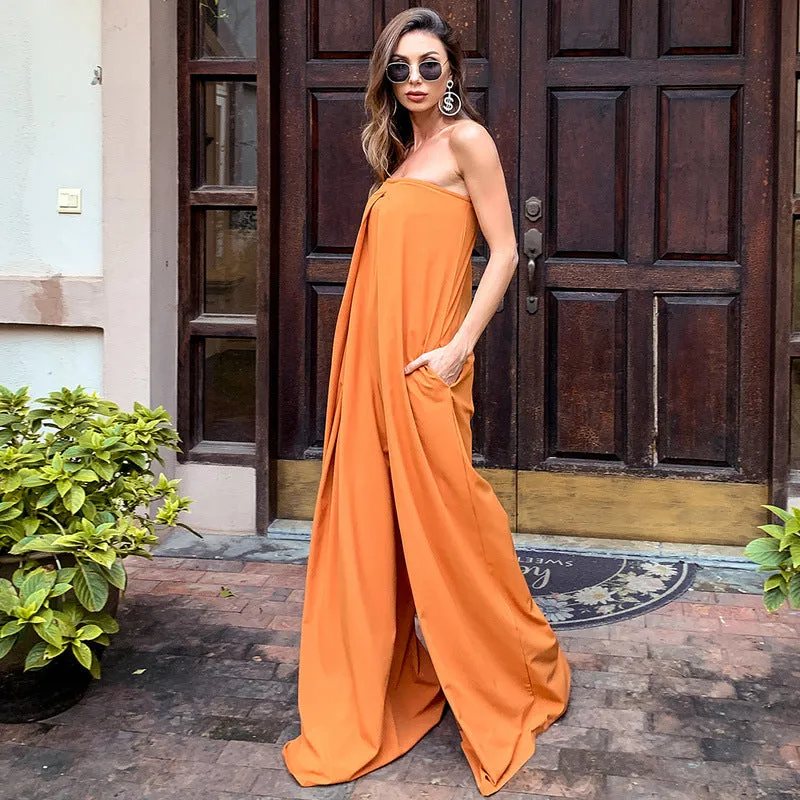 Tube Top Wide Leg Party Pocket Backless Zipper Jumpsuit Red