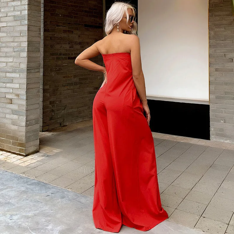 Tube Top Wide Leg Party Pocket Backless Zipper Jumpsuit Red