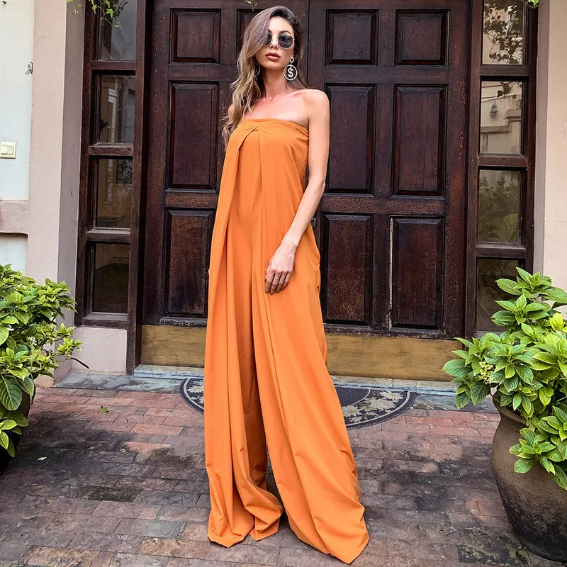 Tube Top Wide Leg Party Pocket Backless Zipper Jumpsuit Red