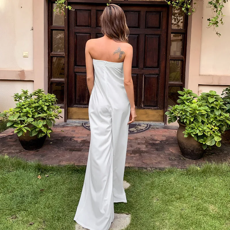 Tube Top Wide Leg Party Pocket Backless Zipper Jumpsuit Red