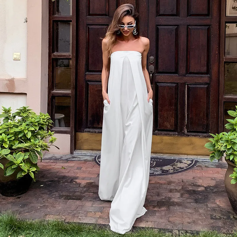 Tube Top Wide Leg Party Pocket Backless Zipper Jumpsuit Red