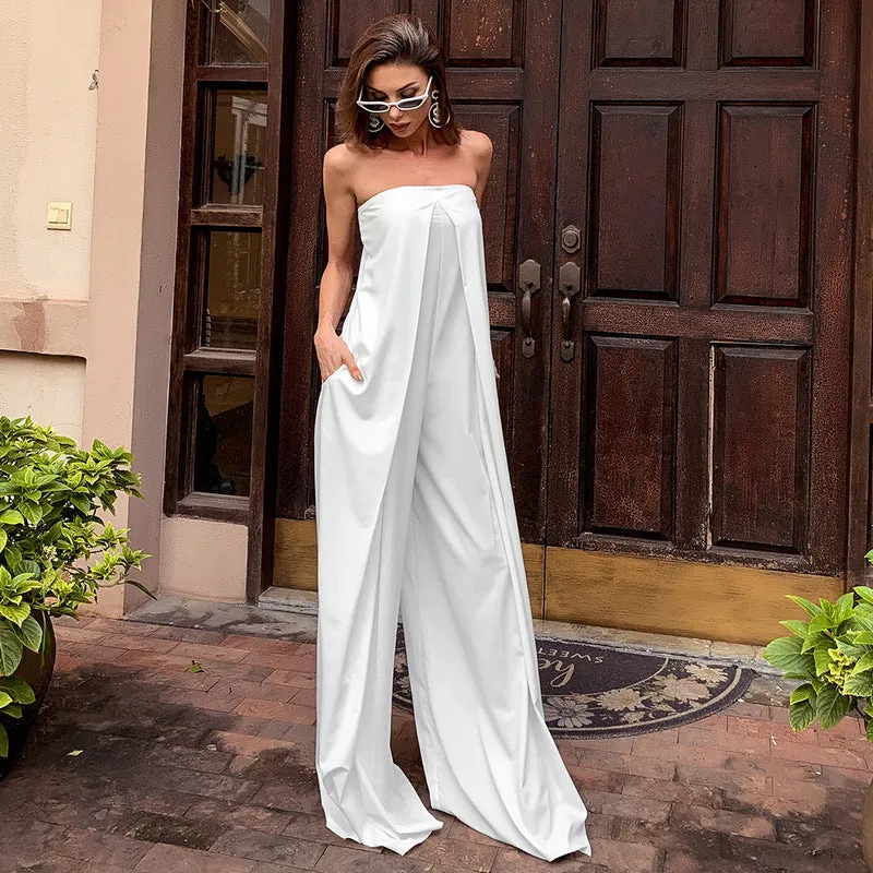 Tube Top Wide Leg Party Pocket Backless Zipper Jumpsuit Red