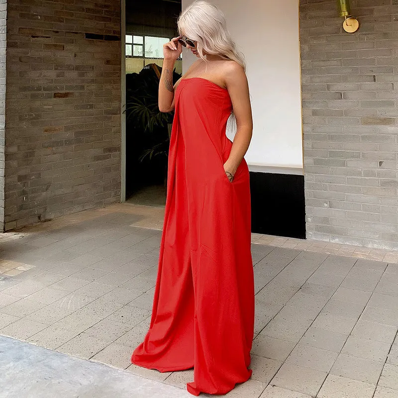 Tube Top Wide Leg Party Pocket Backless Zipper Jumpsuit Red