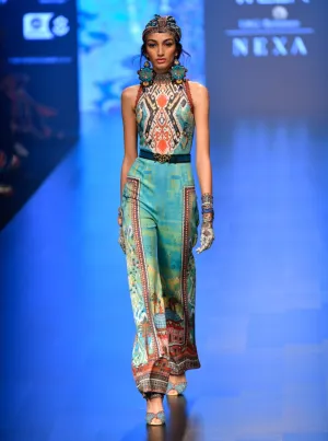 Turquoise Long Lycra Print Jumpsuit