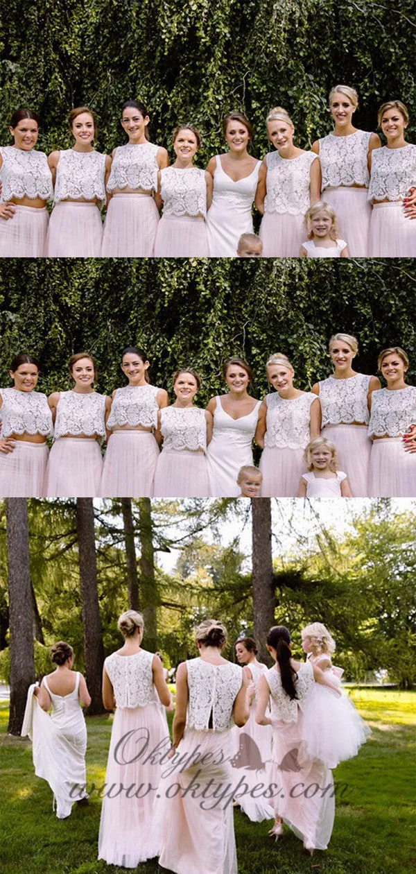Two Piece Round Neck Blush Pink Tulle Bridesmaid Dresses with Lace, TYP1540