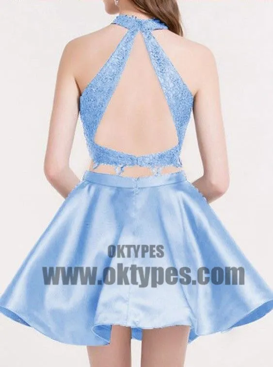 Two Pieces Blue Lace Halter Cheap Homecoming Dresses 2018, Homecoming Dresses, TYP0495