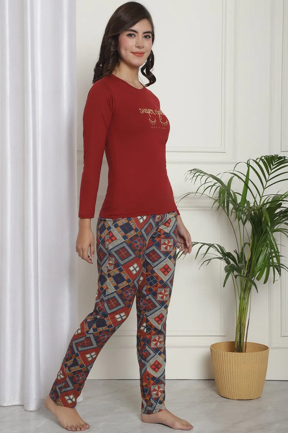 Typography Printed Viscose Rayon Night Suit for Women | S-XXL | Claura